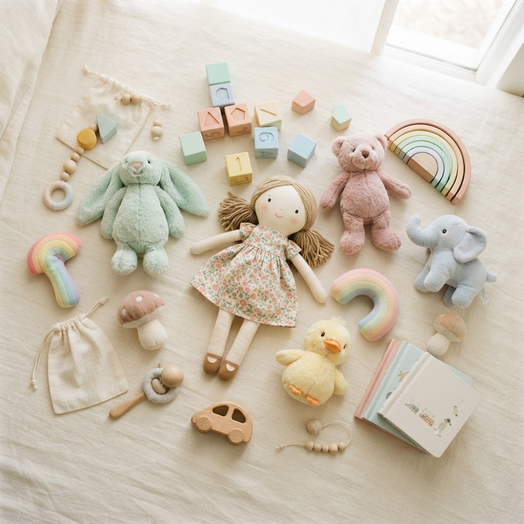 An assortment of pastel plush toys, wooden blocks, and a cloth doll